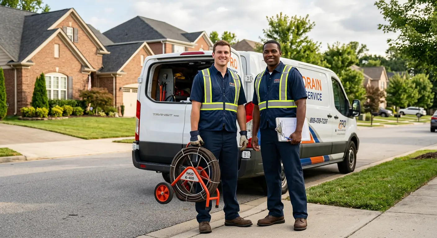 Sewer and drain service team with equipment ready for work in Mission Bend