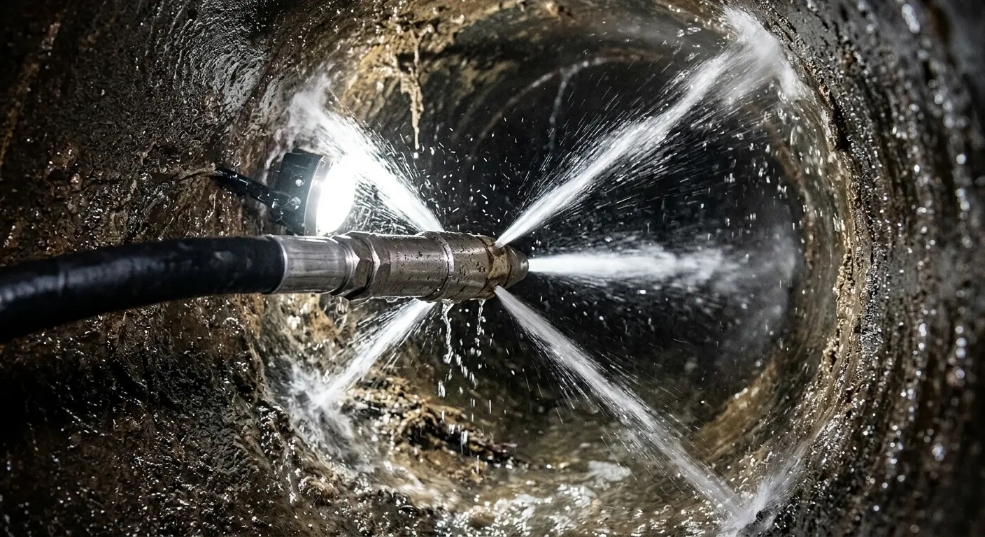High-pressure hydro jetting nozzle cleaning sewer pipe for Storm Drain Cleaning in Mission Bend