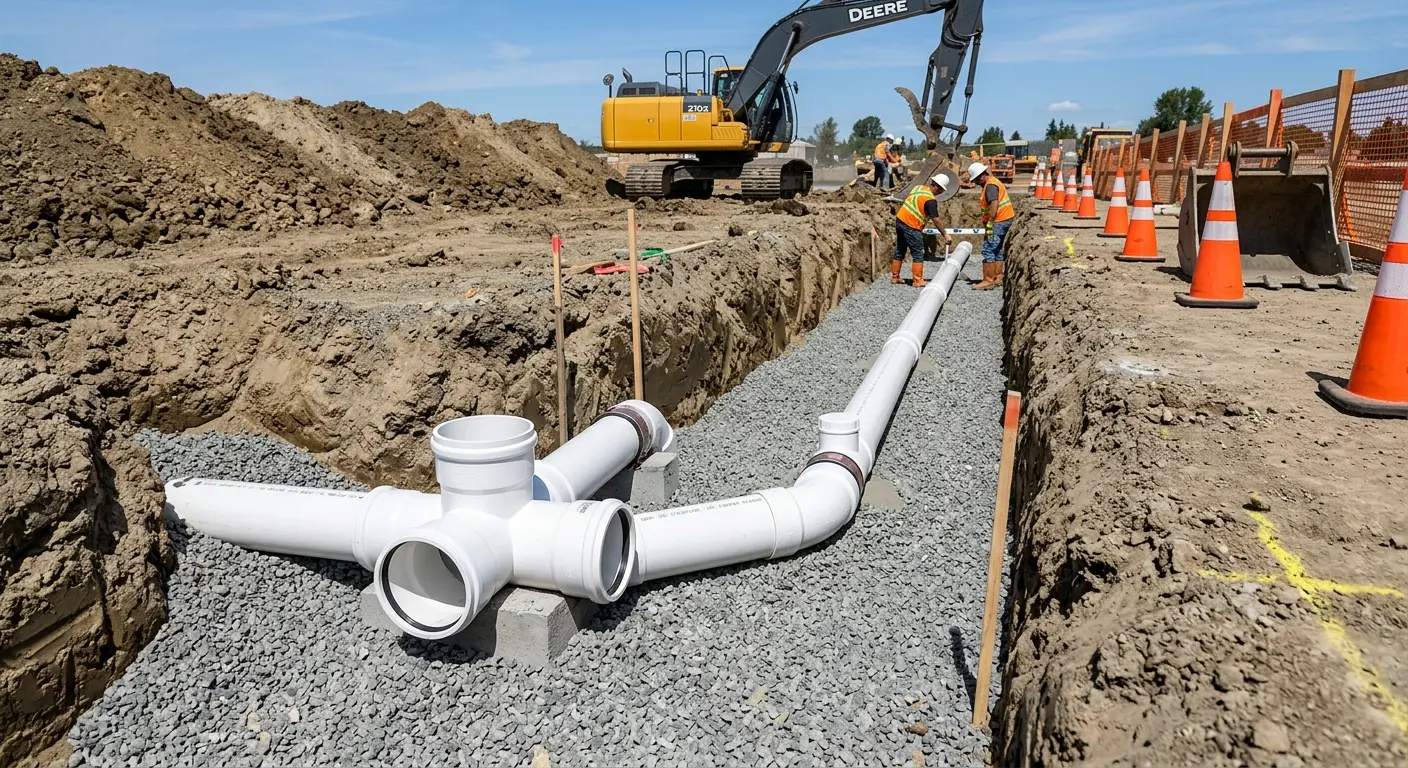 New PVC sewer pipe installation in open trench for Sewer Backup in Mission Bend