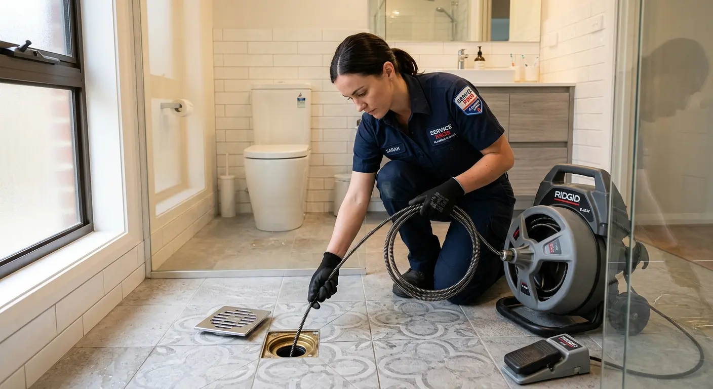 Technician clearing a bathroom floor drain for Clogged Drain Repair in Mission Bend